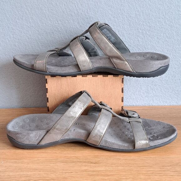 Vionic Misa Women’s Sandals Size 12 Wide Silver Metallic Leather Slip-On Slides - Picture 6 of 14